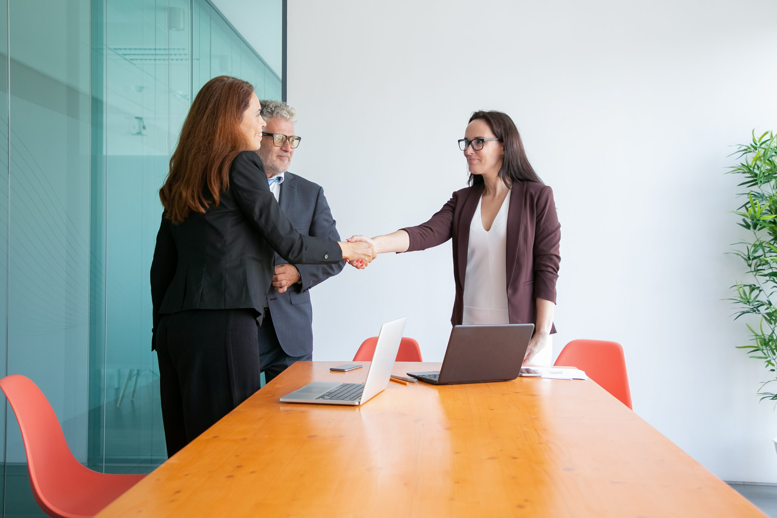 Successful businesswomen handshaking and greeting each other Successful businesswomen handshaking and greeting each other. Confident businessman in eyeglasses and middle-aged managers standing and meeting in conference room. Business and collaboration concept